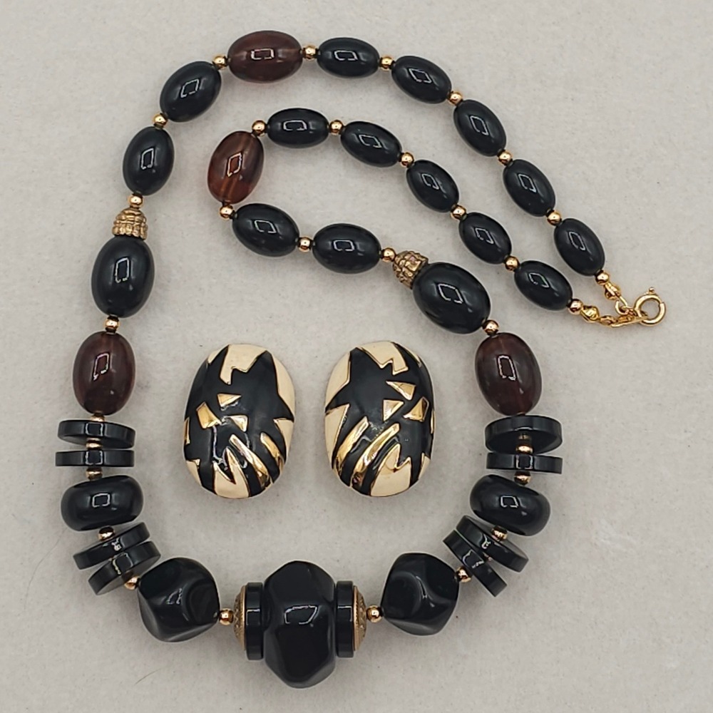 Vintage Trifari Necklace Monet Earrings Clip On Black Gold Beaded Statement